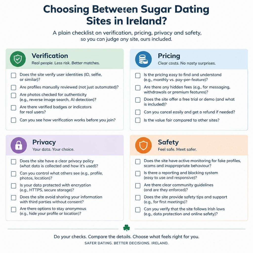 Choosing between sugar dating sites in Ireland? A plain checklist on verification, pricing, privacy and safety, so you can judge any site, ours included.